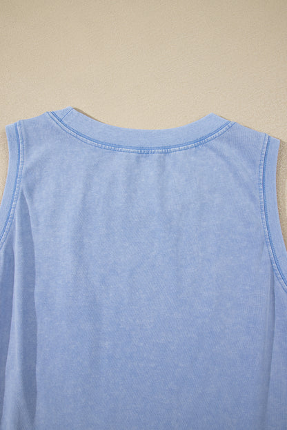 Beau Blue Mineral Wash Patched Chest Pocket Casual Tank Top