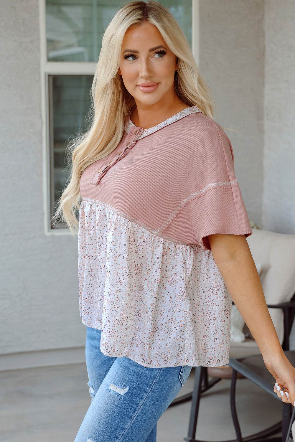 Pink Waffle Floral Patchwork Exposed Seam Detail Short Sleeve Top