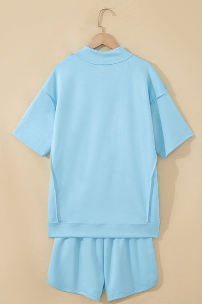 Mist Blue Solid Color Exposed Seam Mock Neck Oversize Tee Casual Shorts 2pcs Outfit