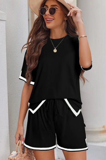 Black Contrast Trim Tee and Shorts Set - Chic Meadow Boutique 