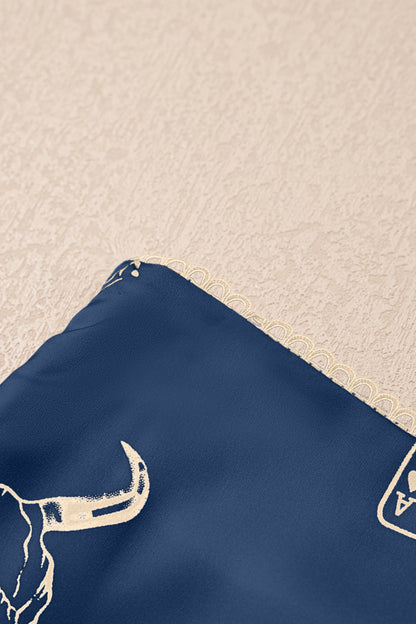 Navy Blue Western Print Satin Long Skirt