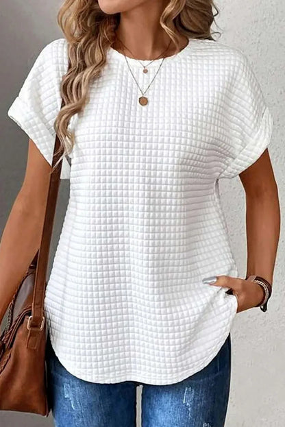 White Checkered Textured Bat Sleeve T Shirt - Chic Meadow Boutique 