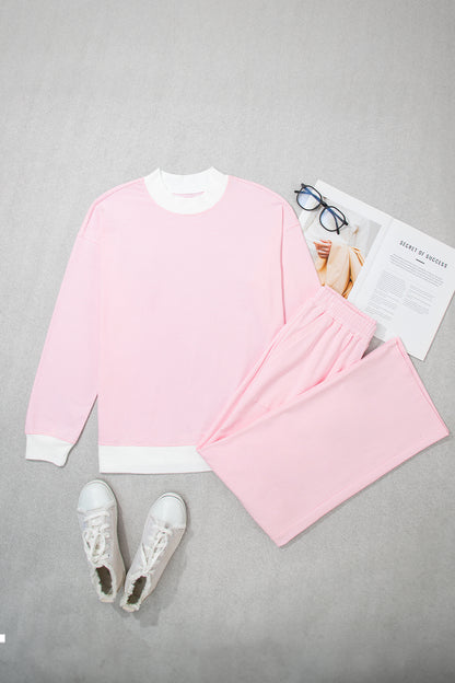 Pink Stripe Color Block Trim Mock Neck Pullover Drawstring Pants Casual Outfit