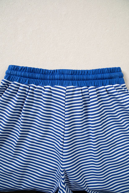 Blue Stripe Oversized Long Sleeve Top Drawstring Loose Shorts 2pcs Set