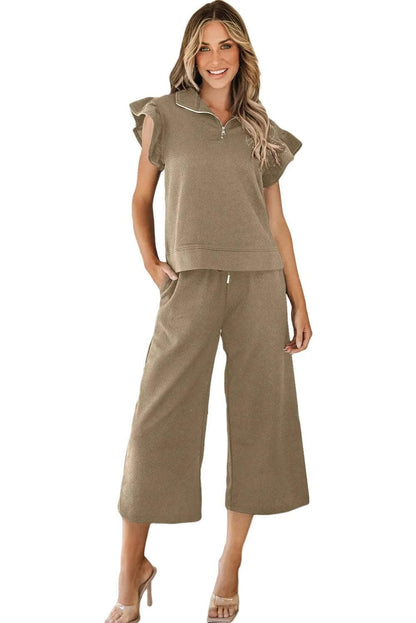 Two Piece Sets/Pant Sets Pale Khaki Textured Flutter Sleeve Top Wide Leg Pants Set