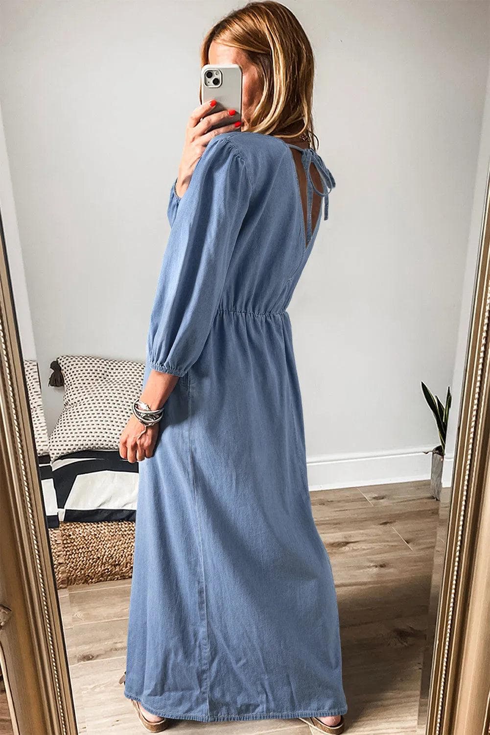 Dresses/Maxi Dresses Myosotis Chambray Deep V Neck Bracelet Sleeve Maxi Dress