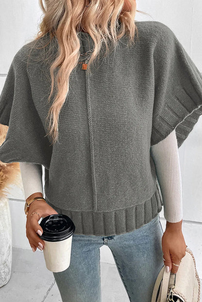 Medium Grey Mock Neck Batwing Short Sleeve Knit Sweater - Chic Meadow Boutique 