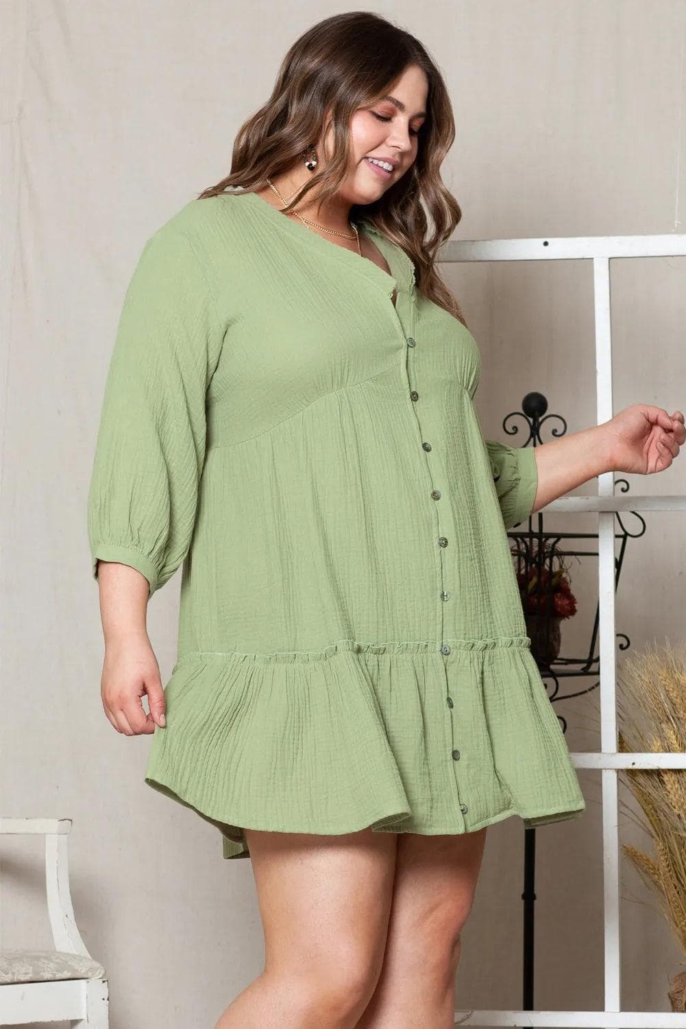 Plus Size/Plus Size Dresses/Plus Size Mini Dresses Green Textured Ruffled Buttoned V Neck Plus Size Mini Dress