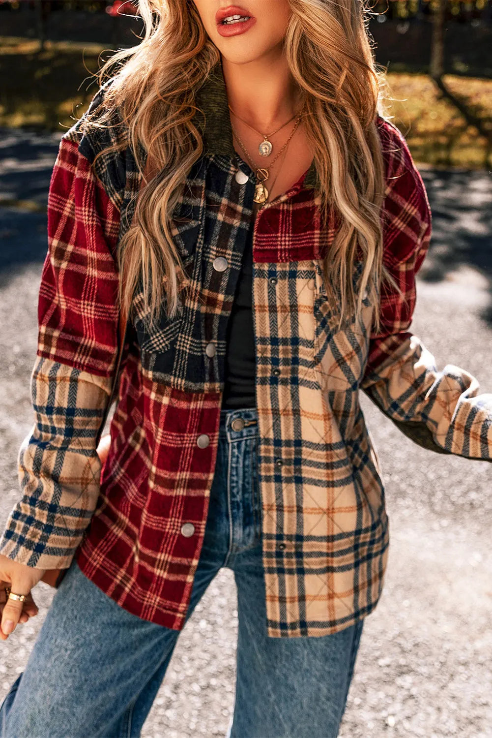 Red Mixed Plaid Patchwork Retro Shacket - Chic Meadow Boutique 