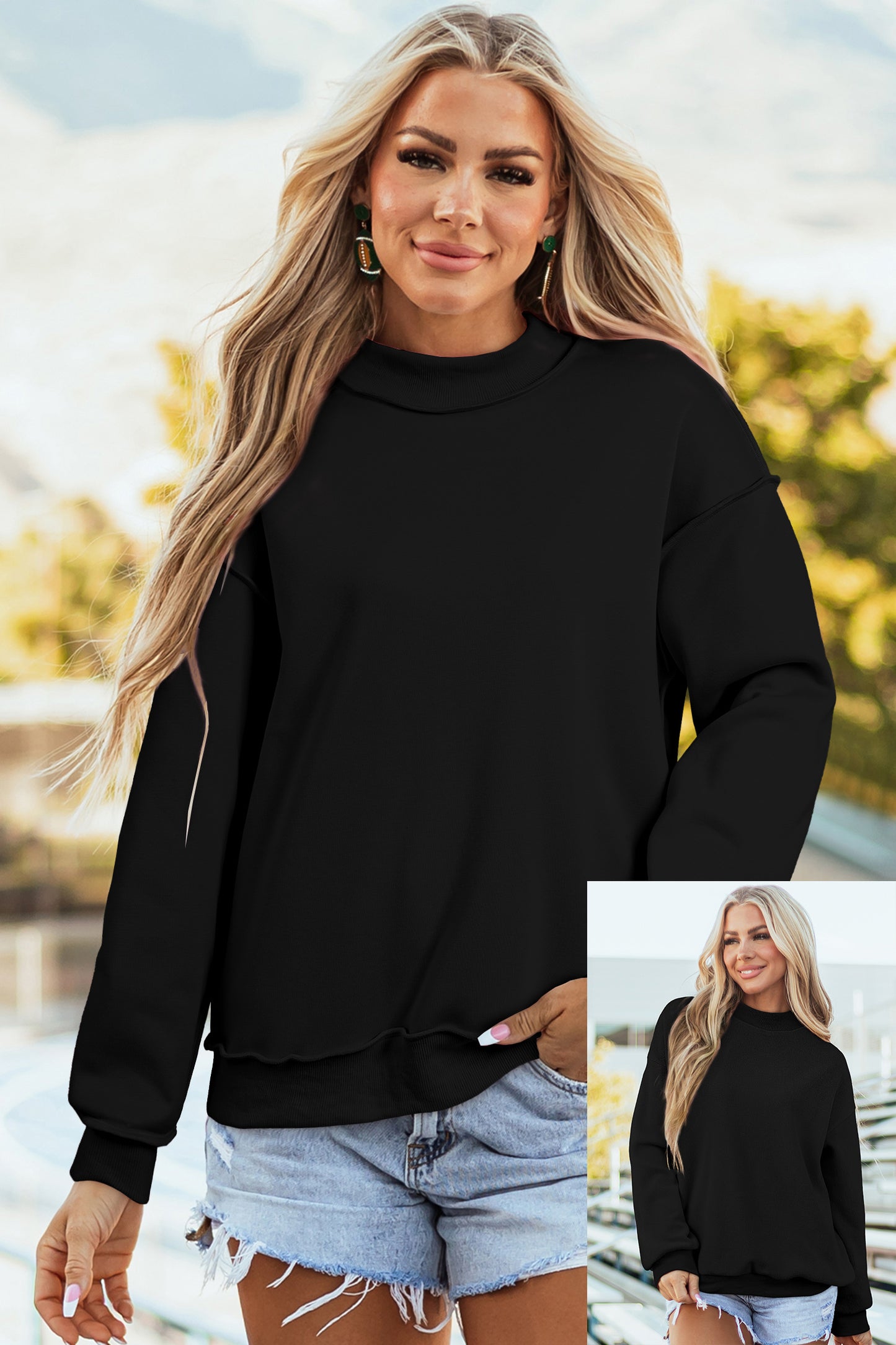 Black Oversize Drop Shoulder Reversible Mock Neck Sweatshirt