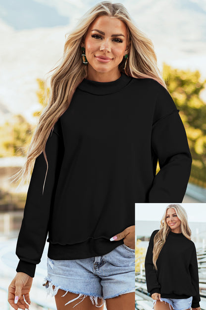 Black Oversize Drop Shoulder Reversible Mock Neck Sweatshirt