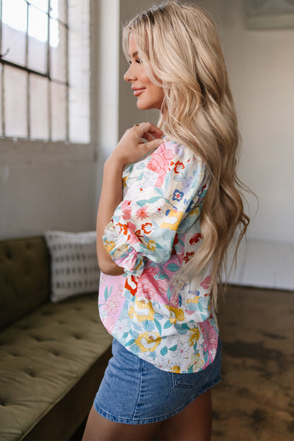 Pink Boho Flower Print Half Puff Sleeve Blouse