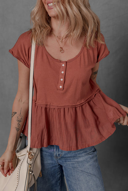 Chestnut Short Sleeve U Neck Buttons Splicing Ruffle Blouse