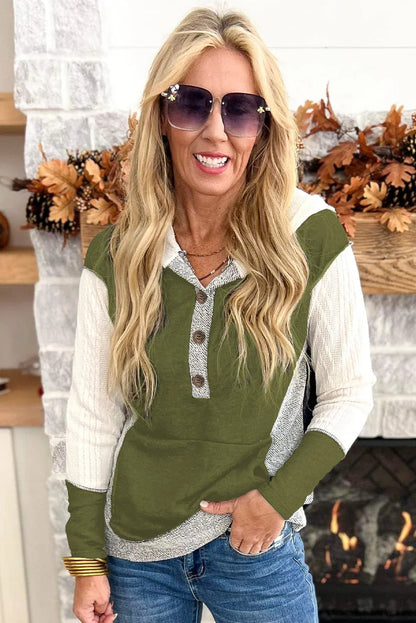 Jungle Green Color Block Textured Buttoned Kangaroo Pocket Hoodie - Chic Meadow Boutique 