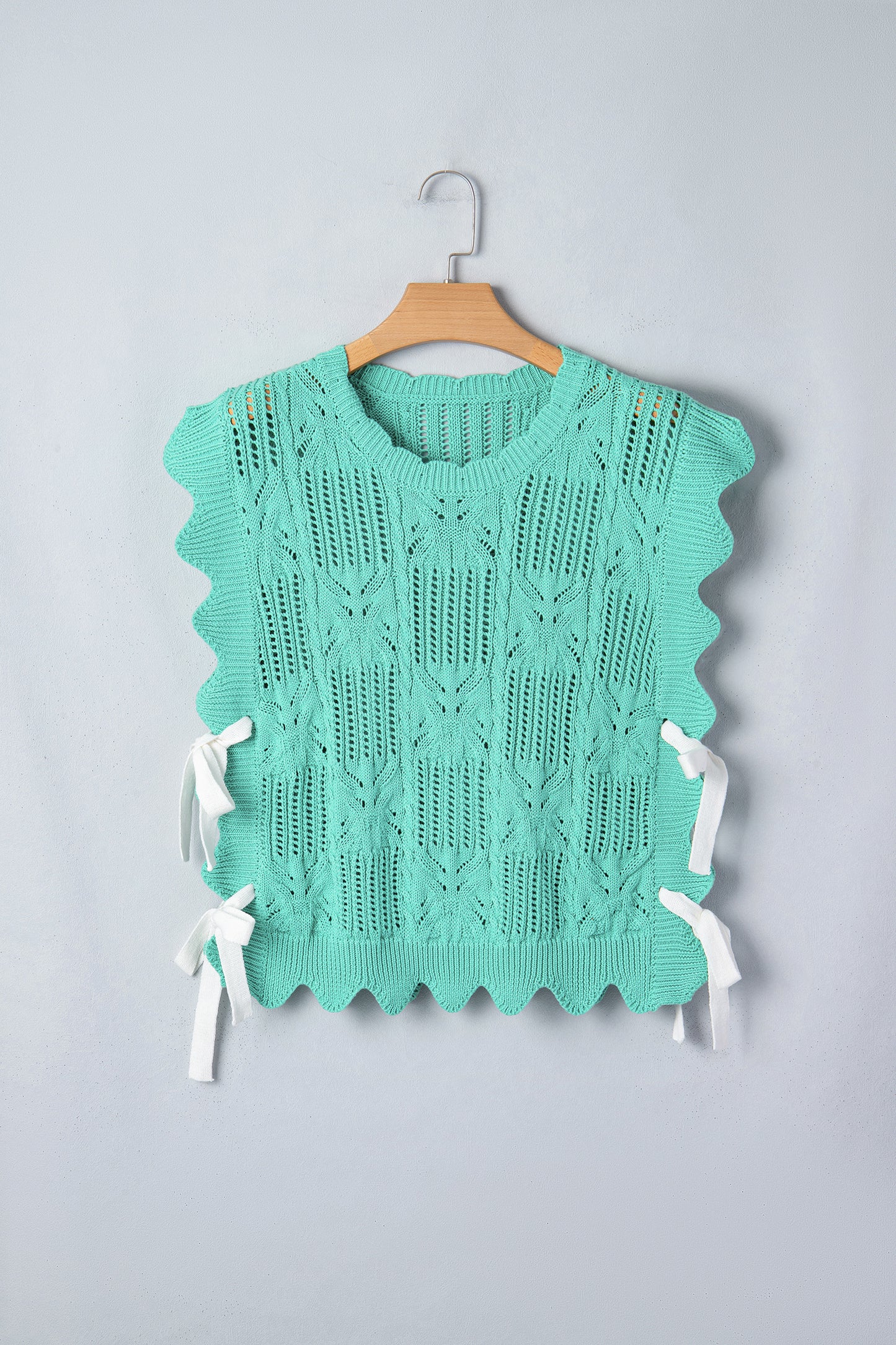 Mint Green Pointelle Knit Patterned Scalloped Trim Short Sleeve Sweater