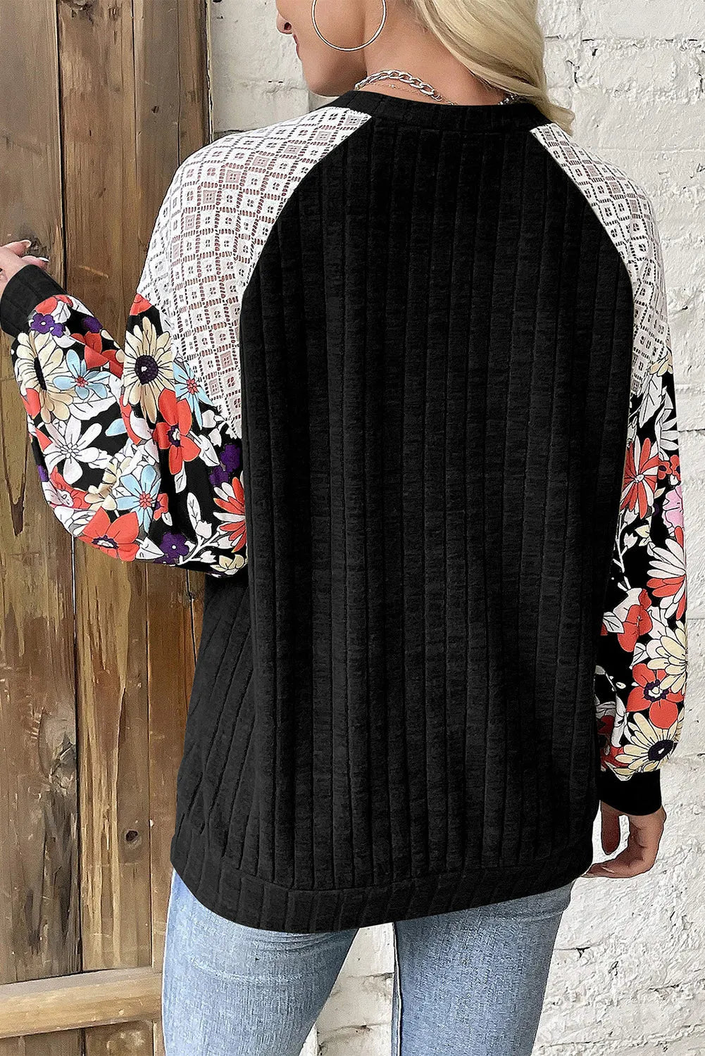 Black Floral Patchwork Long Sleeve Ribbed Blouse - Chic Meadow Boutique 