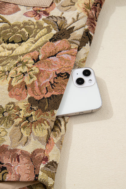 Khaki Floral Waffle Knit Patchwork Chest Pockets Buttoned Jacket