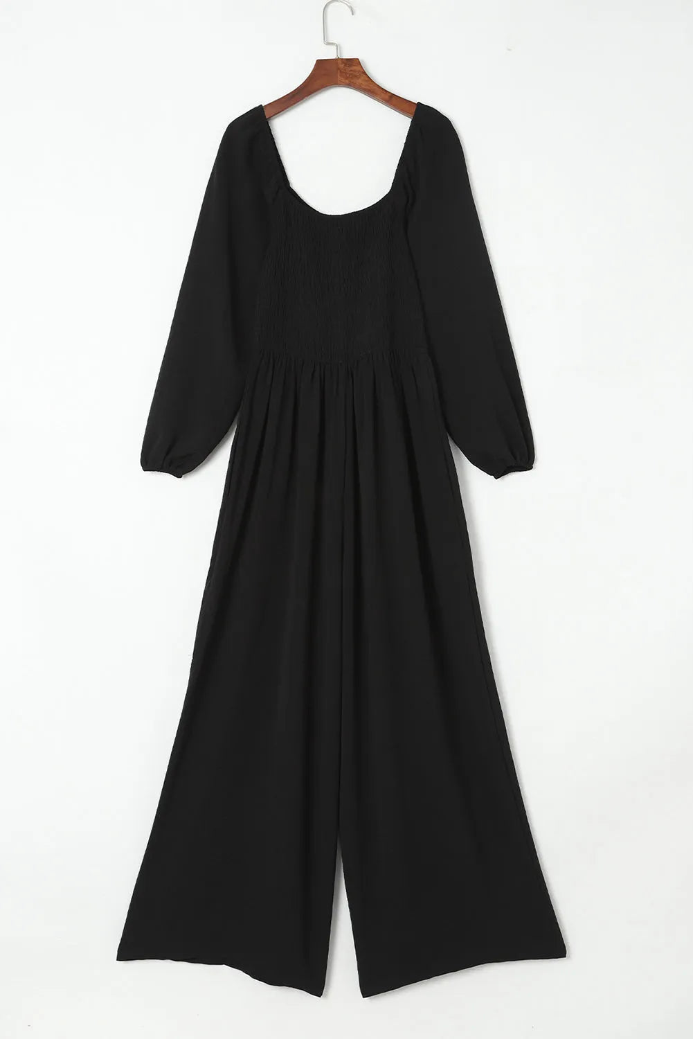 Black Smocked Square Neck Long Sleeve Wide Leg Jumpsuit - Chic Meadow Boutique 