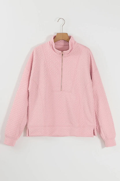 Light Pink Solid Textured Half Zipper Collared Sweatshirt - Chic Meadow Boutique 