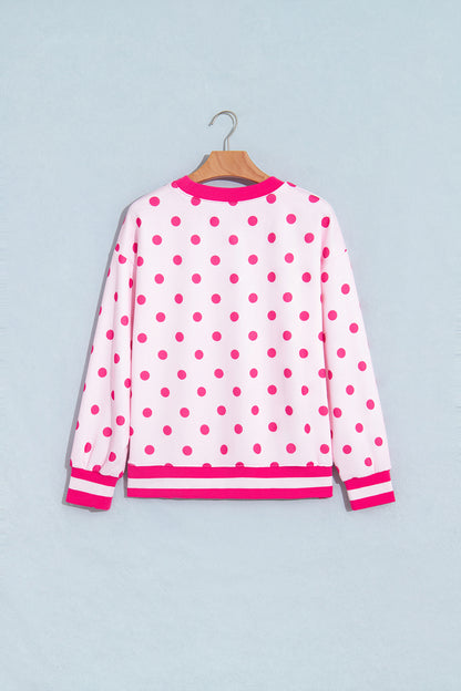 Pink Polka Dot Colorblock Round Neck Pullover Sweatshirt