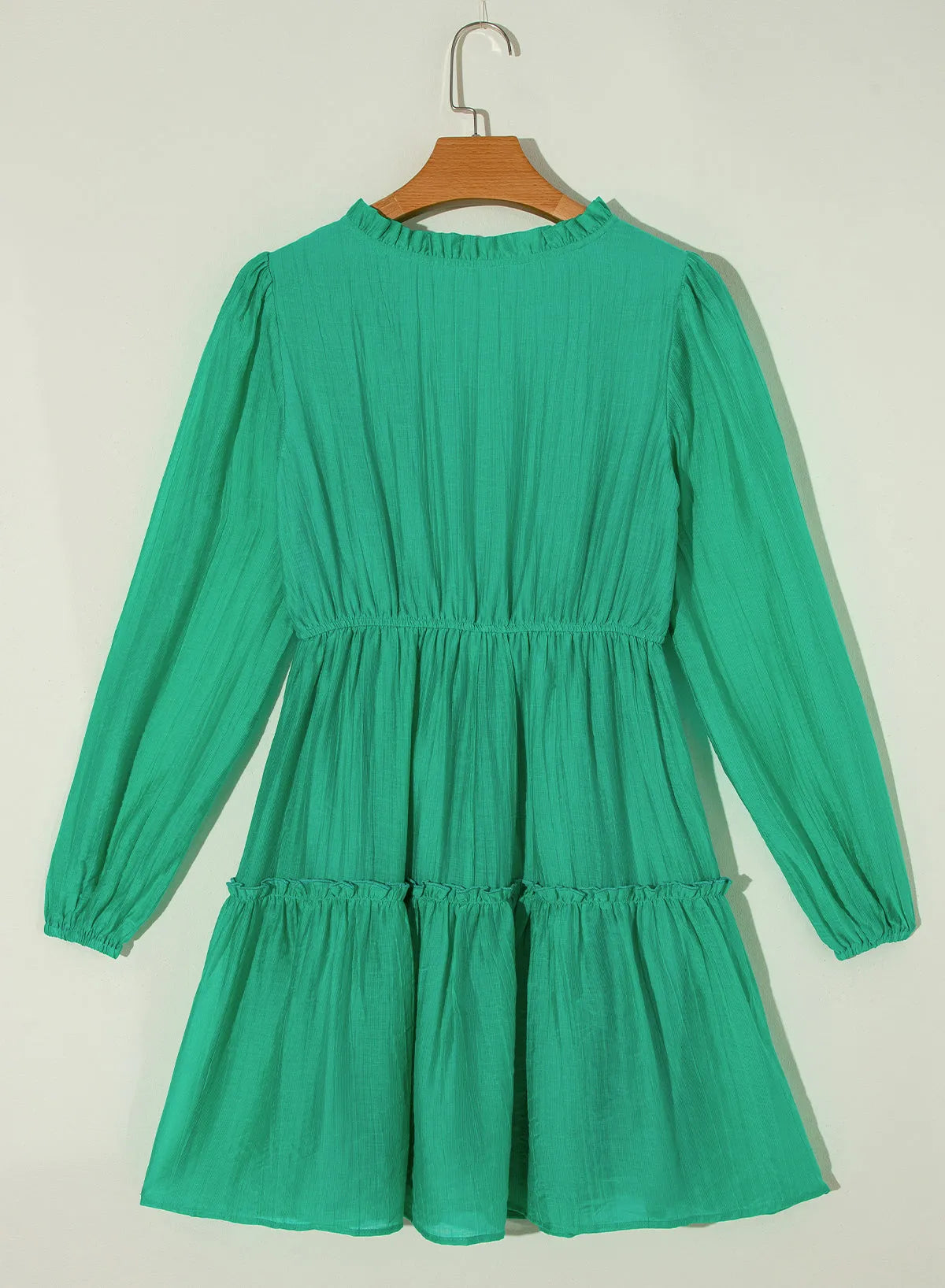 Sea Green Frilly V Neck Puff Sleeve Drawstring Shift Mini Dress - Chic Meadow Boutique 