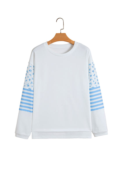 Beige Floral Striped Long Sleeve Contrasted Pullover Top