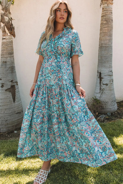 Sky Blue Paisley Print Boho Holiday Ruffle Tiered Maxi Dress - Chic Meadow Boutique 