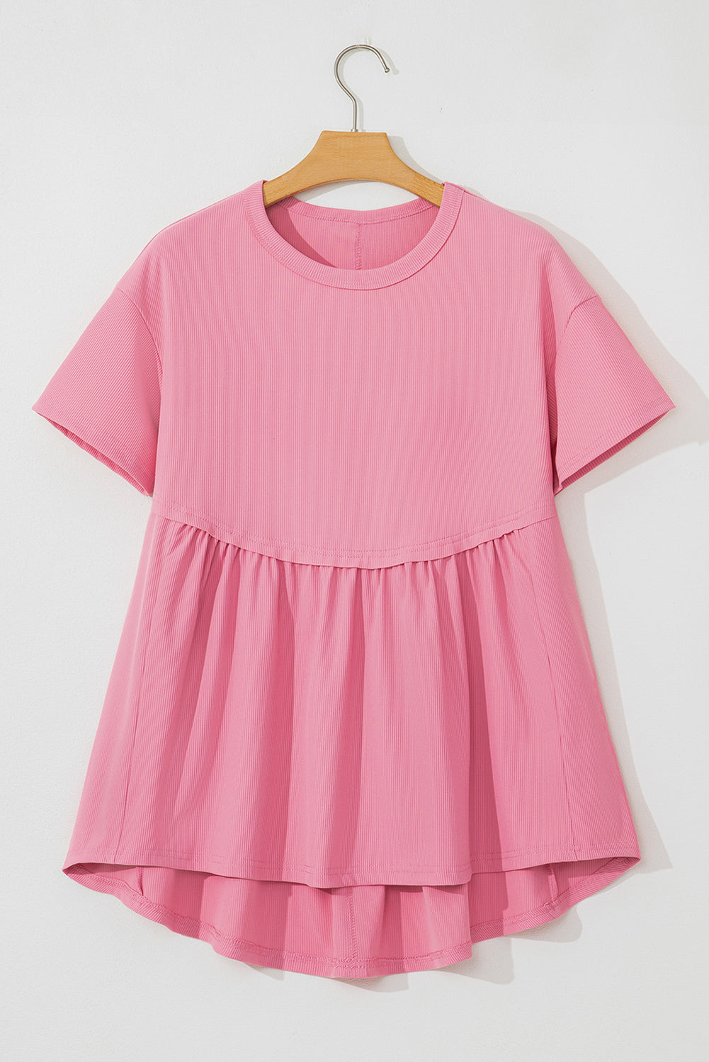 Peach Blossom Subtle Ribbed Short Sleeve Babydoll Top