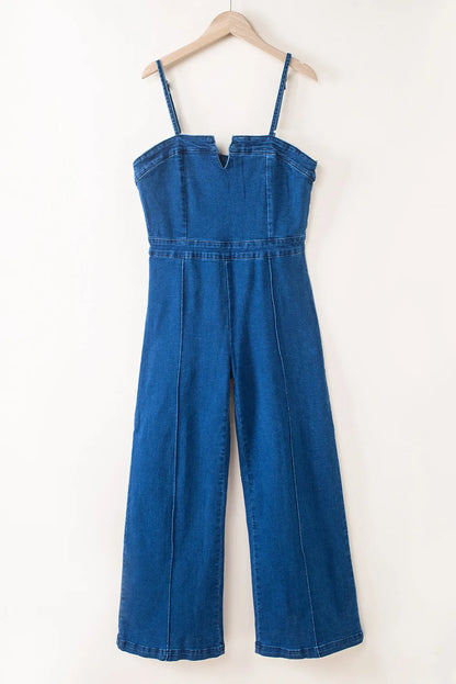 Blue Spaghetti Straps Notch V Denim Jumpsuit - Chic Meadow Boutique 