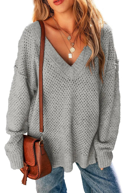 Sweaters & Cardigans/Sweaters Light Grey Loose Eyelet V Neck Drop Shoulder Sweater