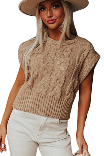 Light French Beige Cap Sleeve Cable Knit Sweater - Chic Meadow Boutique 