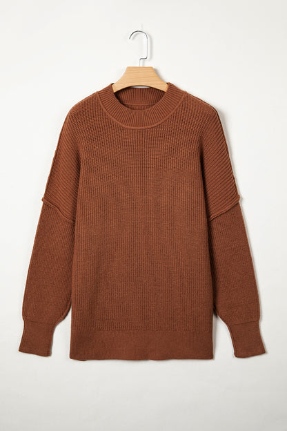 Chestnut Long Sleeve Ribbed Knit Stand Neck Regular Fit Pullover Sweater