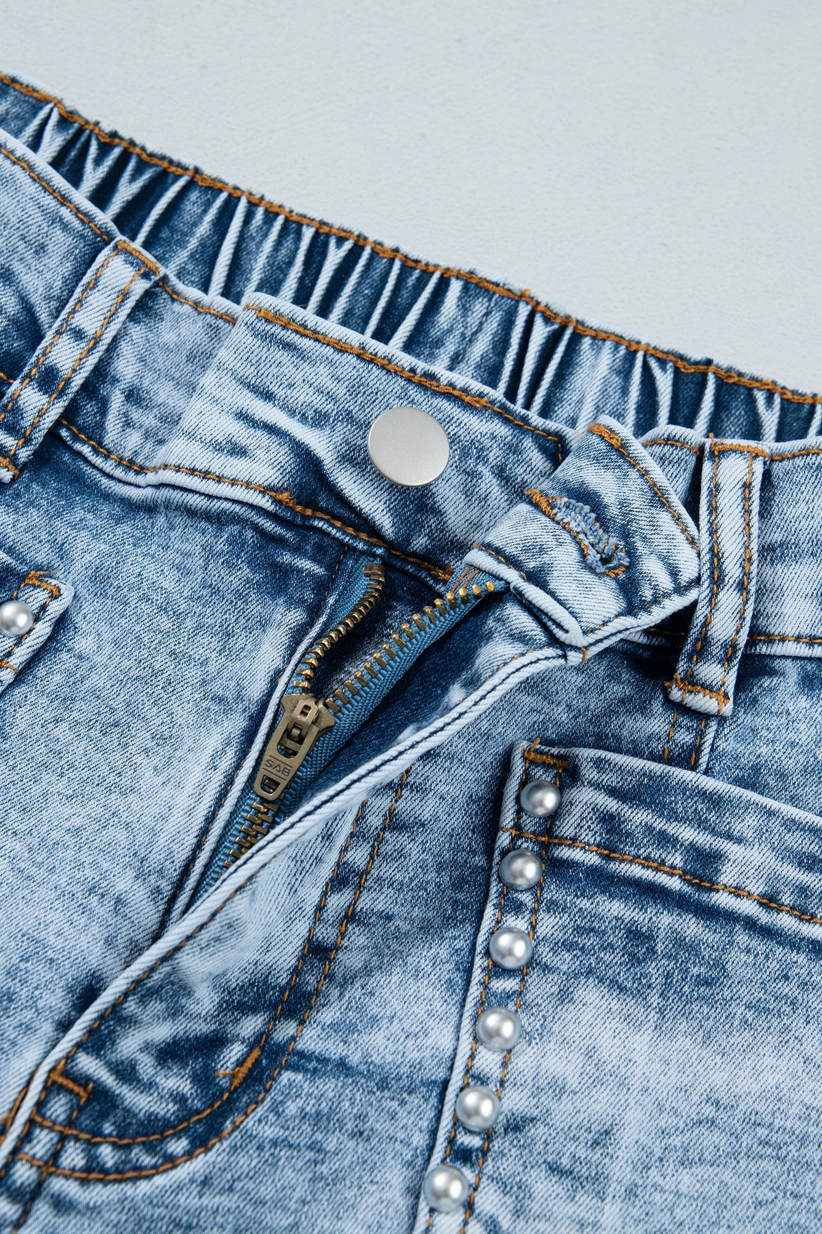 Beau Blue Frayed Studded Detail Wide Leg Pocketed Jeans