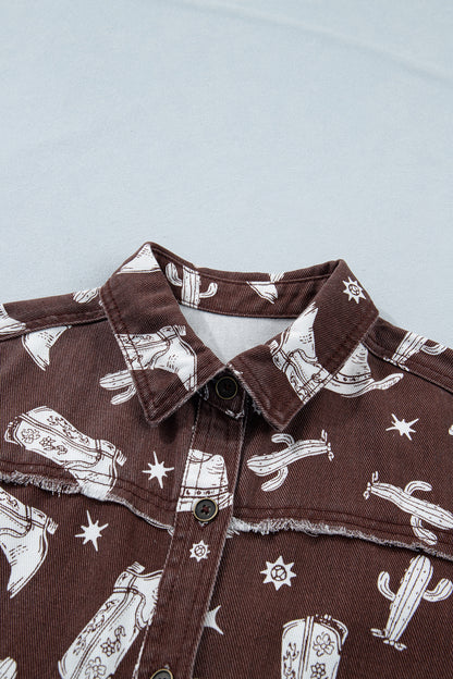 Brown Cowgirl Hats Boots Cactus Print Raw Edge Button Down Short Denim Dress