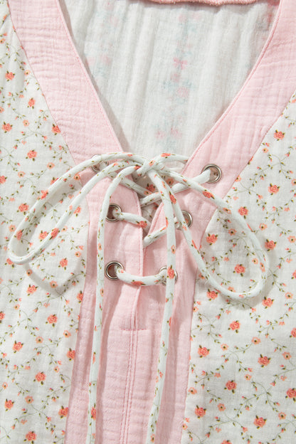 Beige Floral Print Color Block Trim Lace-up V Neck Long Sleeve Blouse