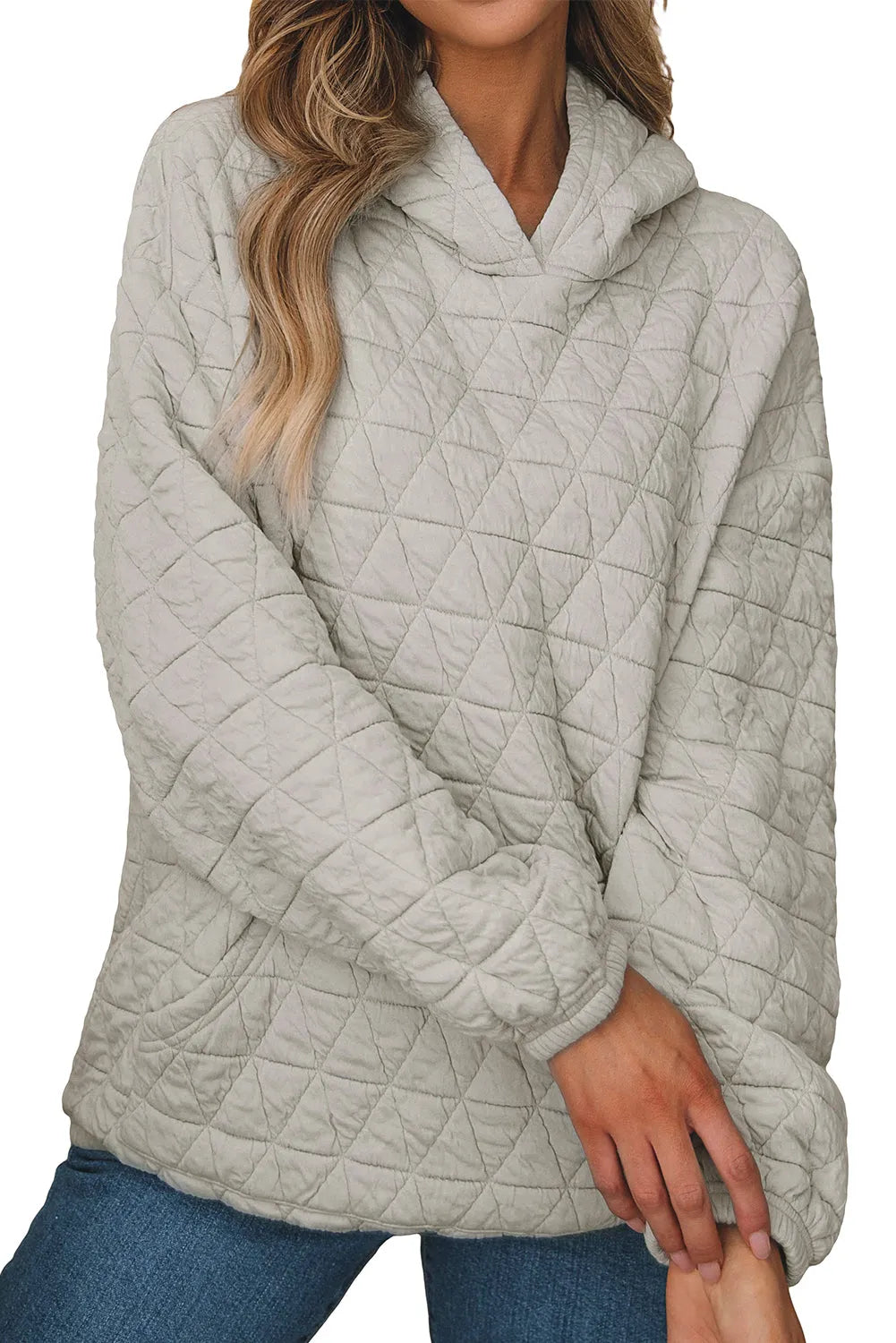 Light Grey Solid Color Quilted Kangaroo Pocket Hoodie - Chic Meadow Boutique 