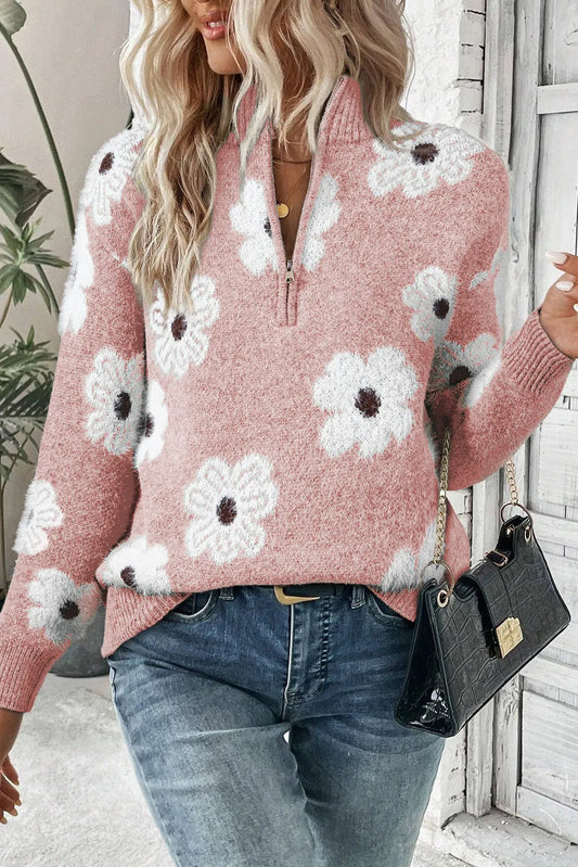 Pink Floral Pattern Half Zip Drop Shoulder Sweater - Chic Meadow Boutique 