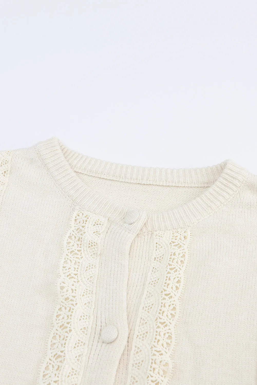 Apricot Lace Trim Ribbed Round Neck Button Up Cardigan - Chic Meadow Boutique 