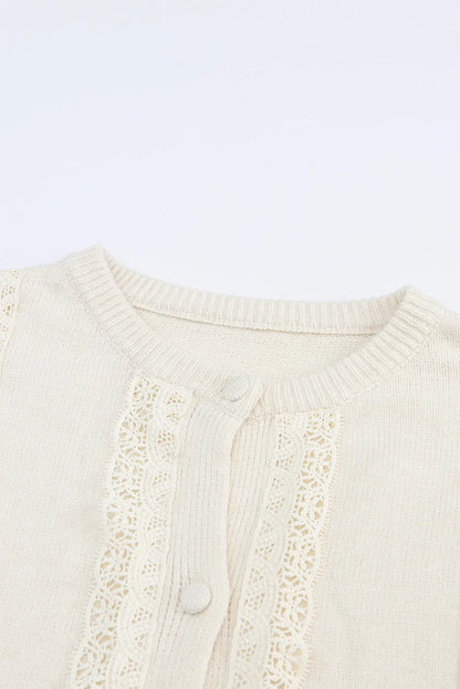 Apricot Lace Trim Ribbed Round Neck Button Up Cardigan - Chic Meadow Boutique 