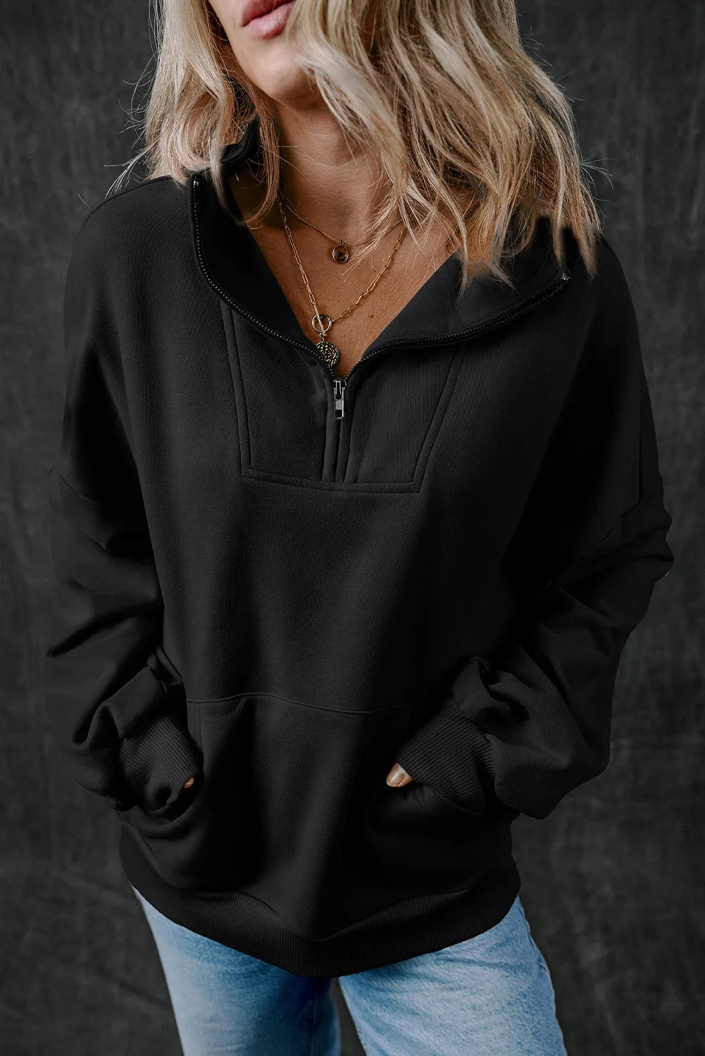 Black Zip-up Stand Neck Kangaroo Pocket Sweatshirt - Chic Meadow Boutique 