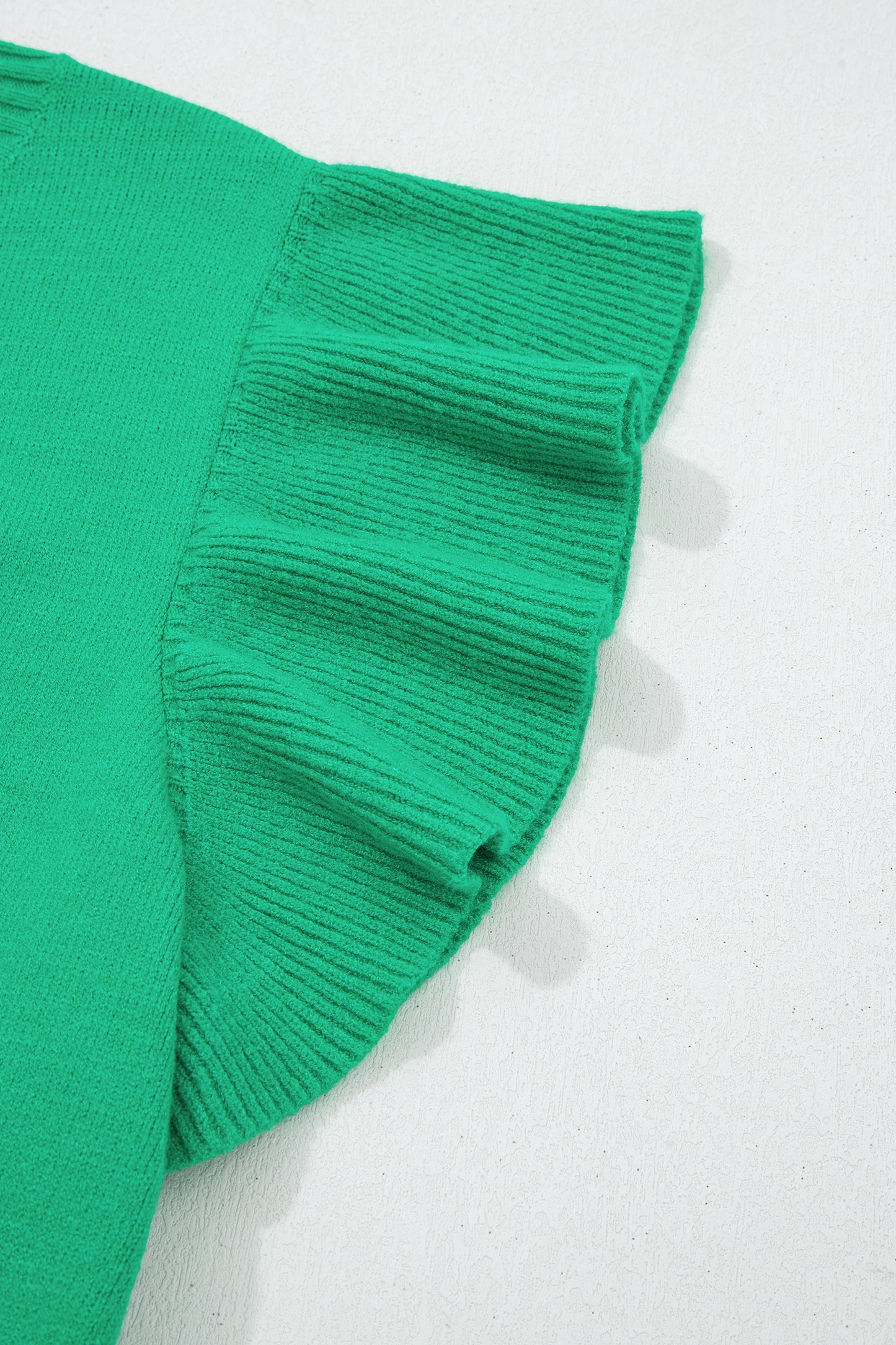 Bright Green Solid Color Ribbed Trim Round Neck Ruffle Short Sleeve Sweater