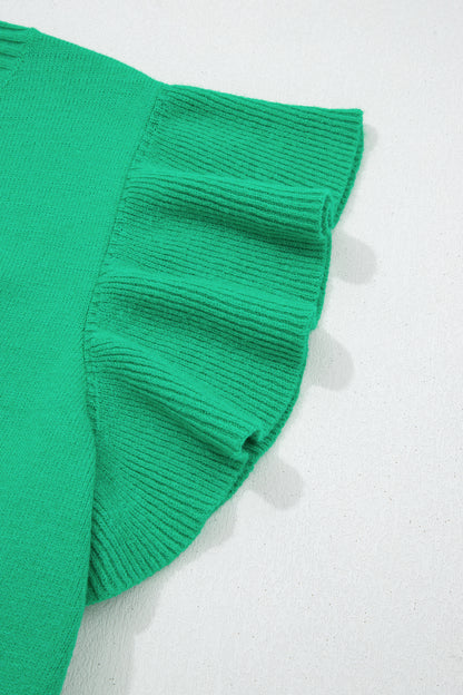 Bright Green Solid Color Ribbed Trim Round Neck Ruffle Short Sleeve Sweater