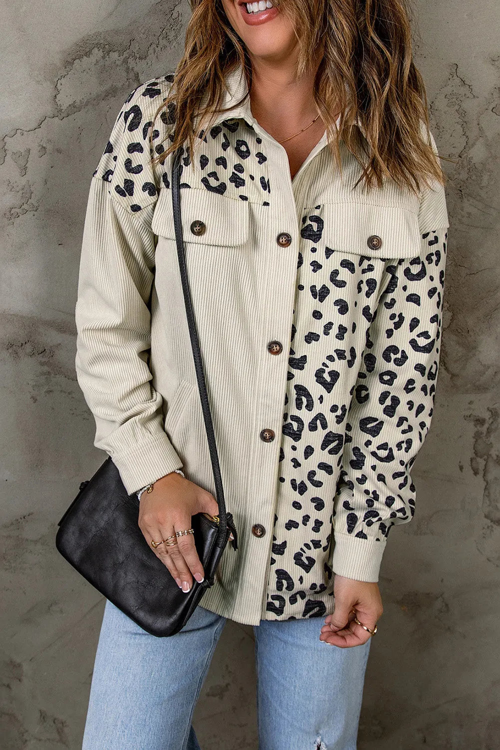 Apricot Leopard Print Detail Pocketed Corduroy Jacket - Chic Meadow Boutique 