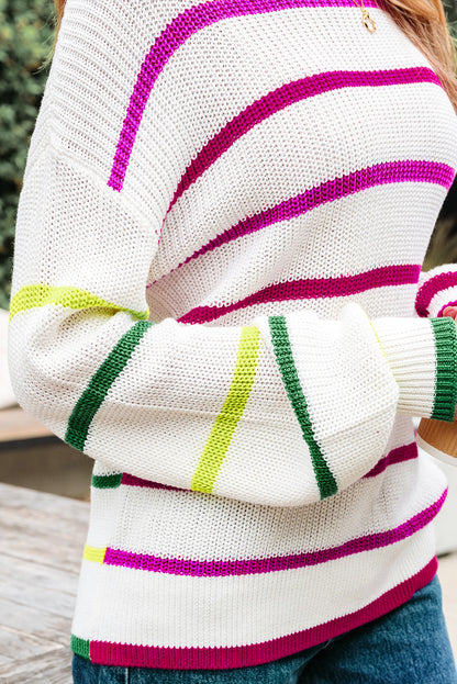 White Colorful Striped Drop Shoulder Crew Neck Sweater
