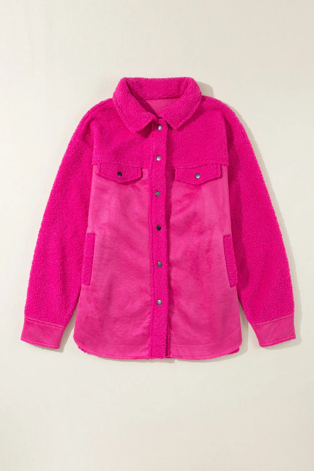 Bright Pink Faux Suede Sherpa Patchwork Button-up Shacket - Chic Meadow Boutique 