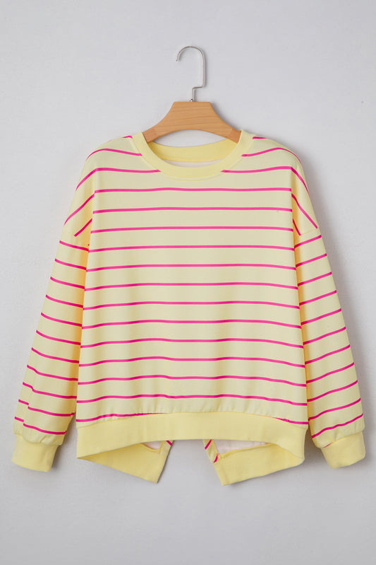 Yellow Stripe Stylish Overlap Detail Drop Shoulder Pullover Sweatshirt