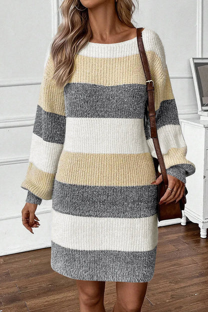 Gray Stripe Colorblock Bubble Sleeve Drop Shoulder Sweater Dress - Chic Meadow Boutique 