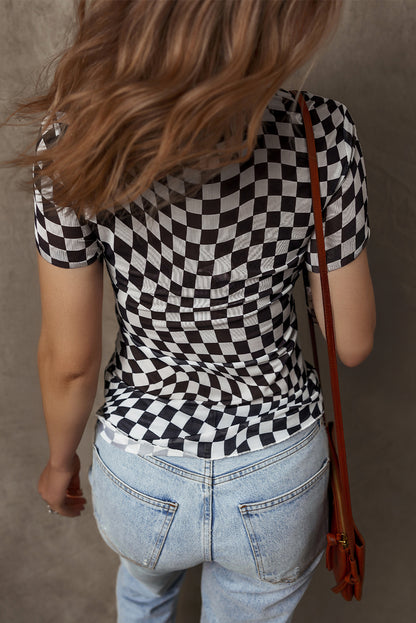 Black Checker Mesh Crew Neck T Shirt