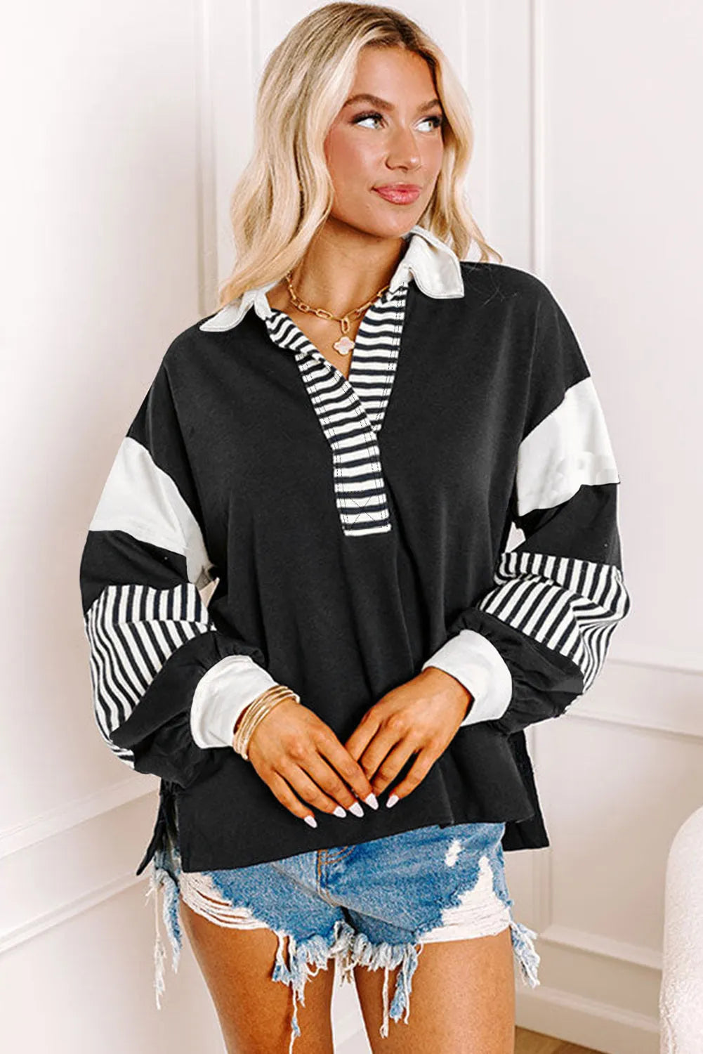 Black Striped Colorblock Patchwork Collar Sweatshirt - Chic Meadow Boutique 