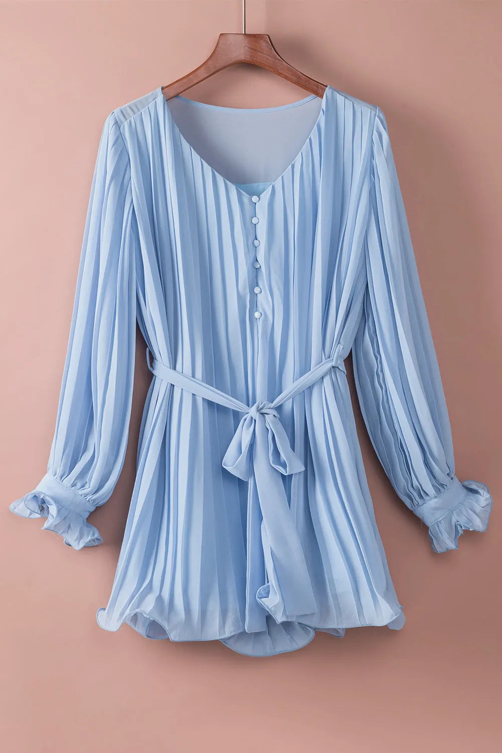 Sky Blue Pleated Ruffled Tie Waist Buttons V Neck Romper - Chic Meadow Boutique 